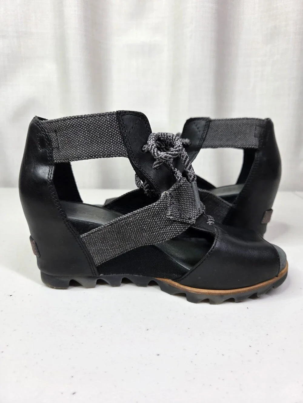 Sorel Joanie Leather Lace Up Wedge Sandals Women's Black Open-Toe